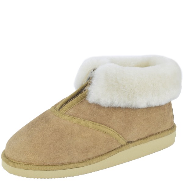 Sonia Originelli Hüttenhausschuh "Premium" Schaf Lammfell Leder Sohle Fellkranz