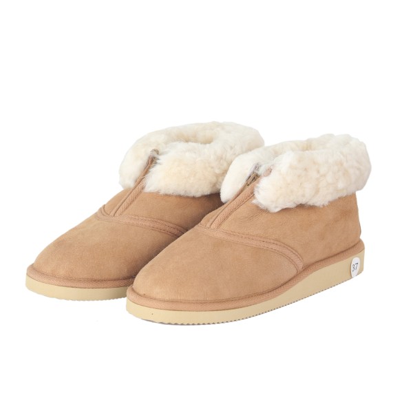 Sonia Originelli Hüttenhausschuh "Premium" Schaf Lammfell Leder Sohle Fellkranz