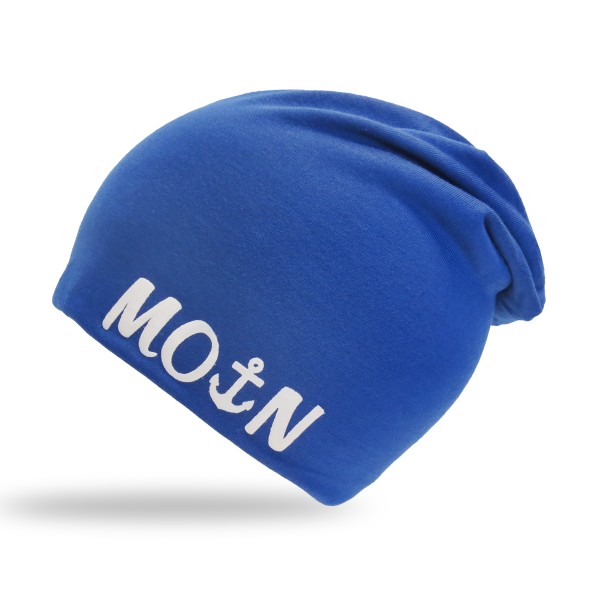 Sonia Originelli Kinder Beanie Mütze unifarben mit MOIN Aufdruck Anker maritim Jersey Unisex