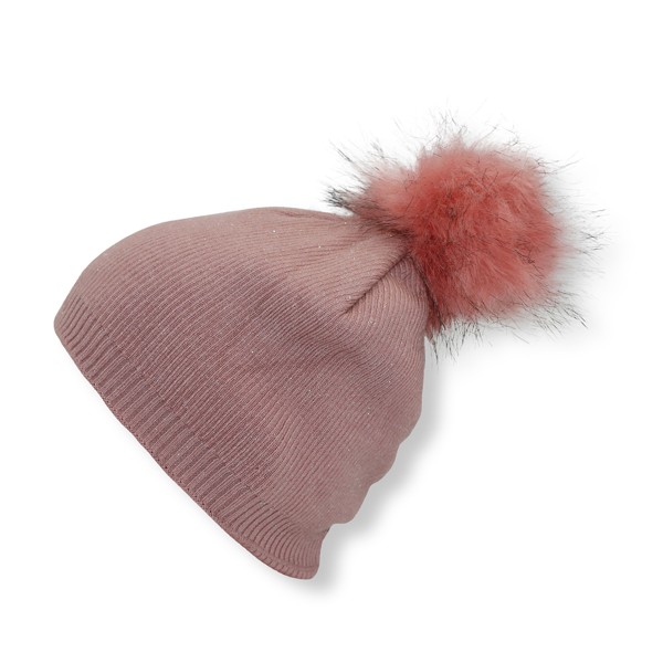 Sonia Originelli Kinder Winter Beanie Mütze Mit Glitzerfasern Und Kunstfell Bommel