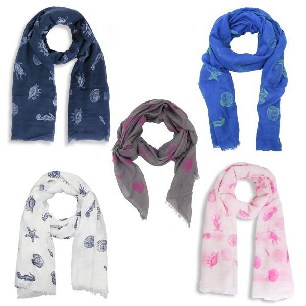 Sonia Originelli Schal Langschal "Muschel" Seepferd Maritim Reliefdruck Fransen Sommer