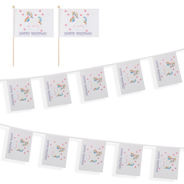 Sonia Originelli Set Fahnengirlande und Tischfähnchen "Einhorn" Happy Birthday Kindergeburtstag Partydekoration