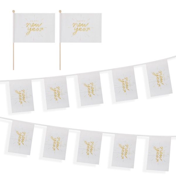 Sonia Originelli Set Fahnengirlande und Tischfähnchen "Happy New Year" Silvester Partydekoration