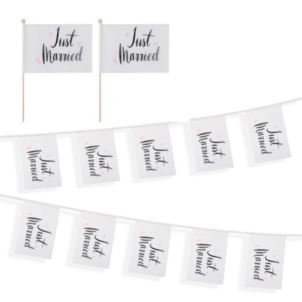 Sonia Originelli Set Fahnengirlande und Tischfähnchen "Just Married" Hochzeit Partydekoration
