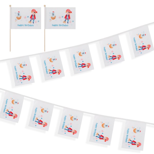 Sonia Originelli Set Fahnengirlande und Tischfähnchen "Pirat" Happy Birthday Kindergeburtstag Partydekoration