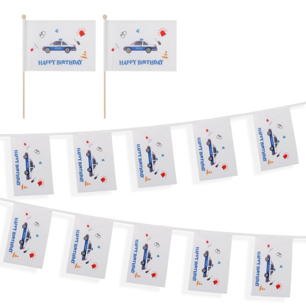 Sonia Originelli Set Fahnengirlande und Tischfähnchen "Polizei" Happy Birthday Kindergeburtstag Partydekoration