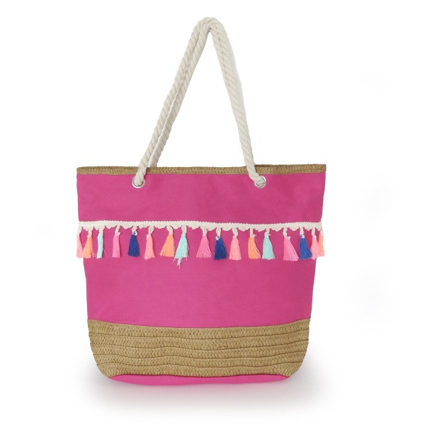 Sonia Originelli Shopper Boho mit neon Quasten Fransen Bommel Bastverzierung Strandtasche