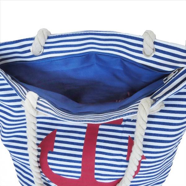 Sonia Originelli Strandtasche Maritim Gestreift Mit Ankerprint Seilkordel Reißverschluss