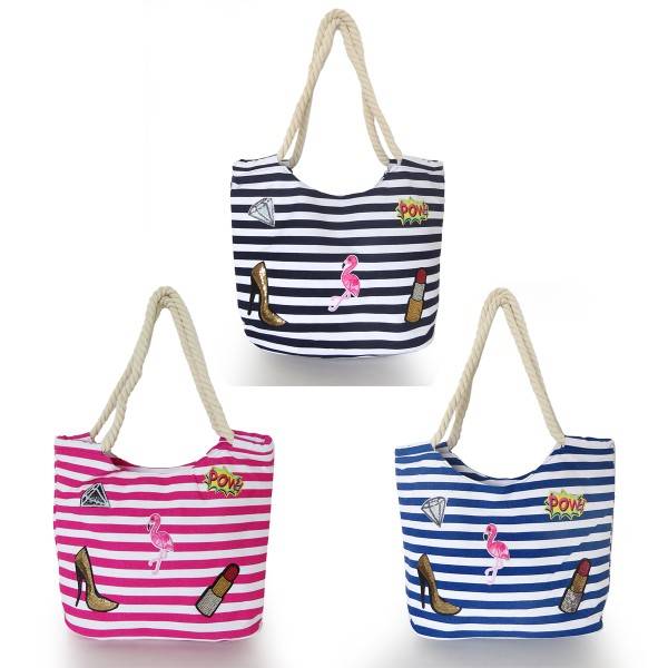 Sonia Originelli Strandtasche Maritim Gestreift Mit Patch Aufnähern Flamingo