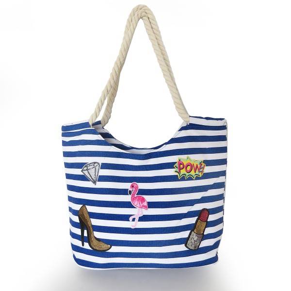 Sonia Originelli Strandtasche maritim gestreift mit Patch Aufnähern Flamingo