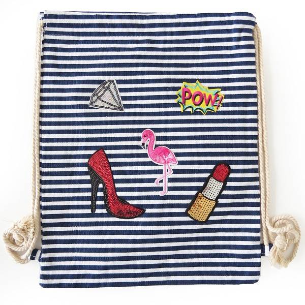 Sonia Originelli Turnbeutel Patches Aufnäher Gymbag Gestreift Flamingo Baumwolle