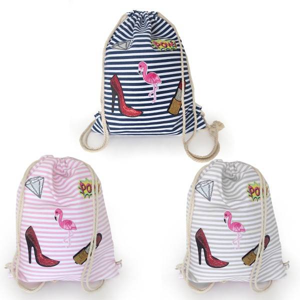 Sonia Originelli Turnbeutel Patches Aufnäher Gymbag Gestreift Flamingo Baumwolle