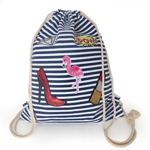 Sonia Originelli Turnbeutel Patches Aufnäher Gymbag gestreift Flamingo Baumwolle