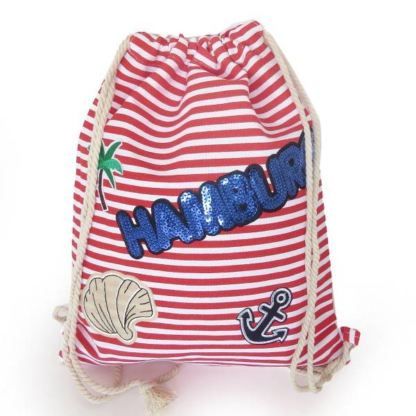 Sonia Originelli Turnbeutel Patches Aufnäher Gymbag gestreift "Hamburg"