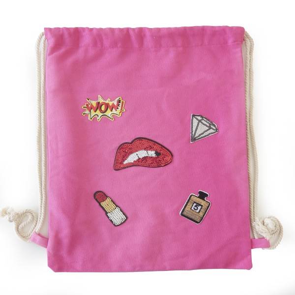 Sonia Originelli Turnbeutel Patches Aufnäher Gymbag Unifarben Lippen Makeup Baumwolle