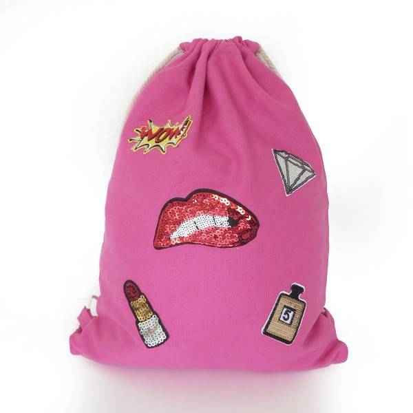 Sonia Originelli Turnbeutel Patches Aufnäher Gymbag unifarben Lippen Makeup Baumwolle