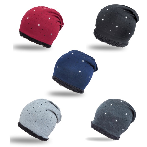 Sonia Originelli Winter Beanie Mütze "Strass Sternchen" Teddyfell Futter