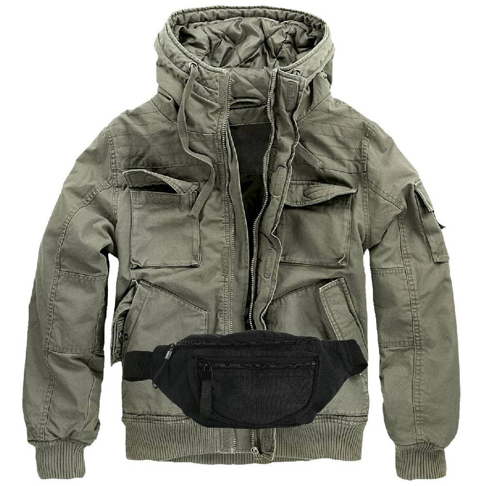 Spass Kostet Army Look Herbst Winter Jacke mit Kapuze oliv und Bauchtasche schwarz