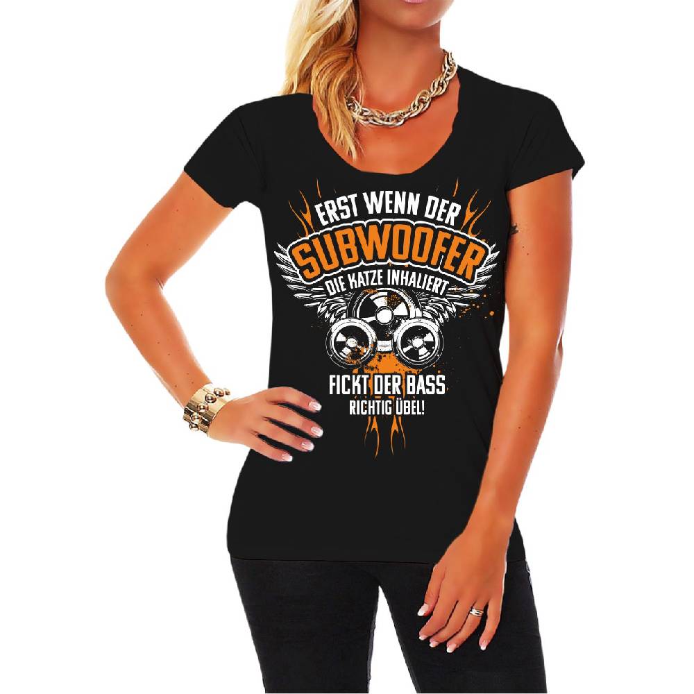 Spass Kostet Frauen Shirt BASS Musik Sprüche Erst wenn der Subwoofer die Katze inhaliert