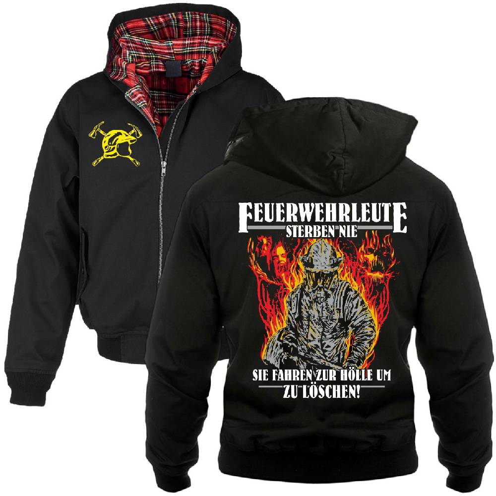 Spass Kostet Harrington Jacke mit Kapuze Feuerwehr Motiv 2024 Feuerwehrleute sterben nie