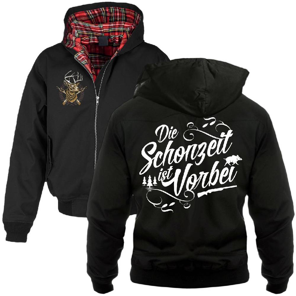 Spass Kostet Harrington Jacke mit Kapuze Jäger Jagd Spruch DIE SCHONZEIT IST VORBEI