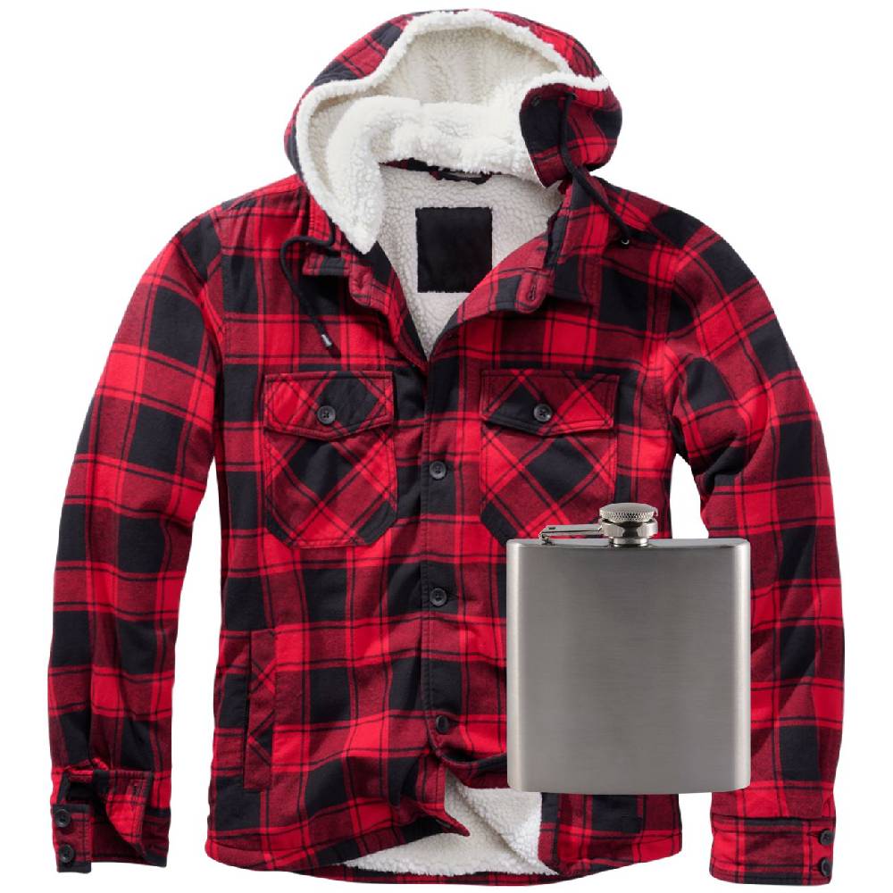 Spass Kostet Lumberjacket mit Kapuze und Fell UNBEDRUCKT schwarz/rot mit Flachmann