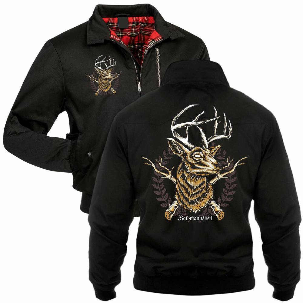 Spass Kostet Männer Gefütterte Harrington Jacke Jäger Hirsch Wappen Waidmannsheil