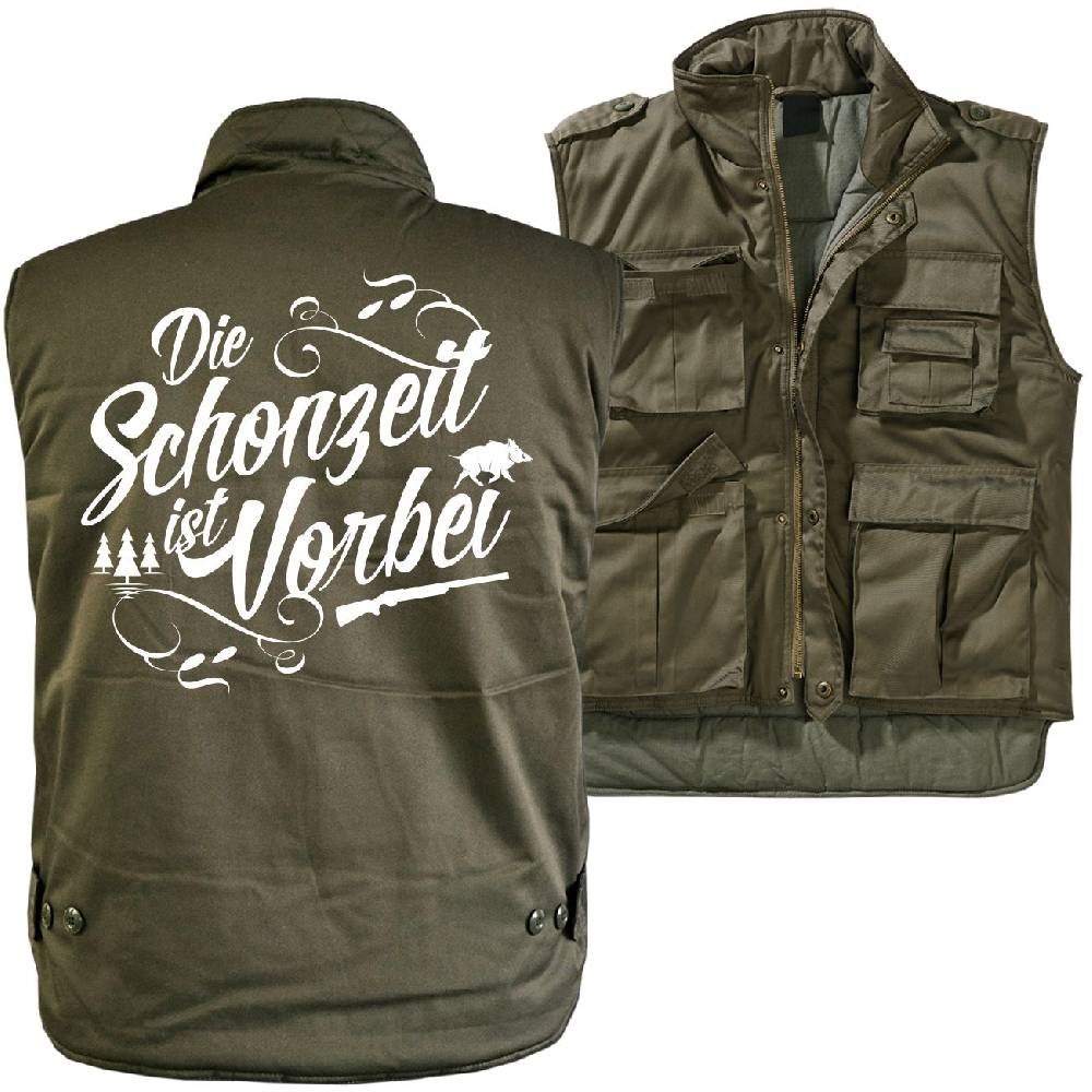 Spass Kostet Männer Ranger Weste mit Futter Jäger Jagd Spruch DIE SCHONZEIT IST VORBEI
