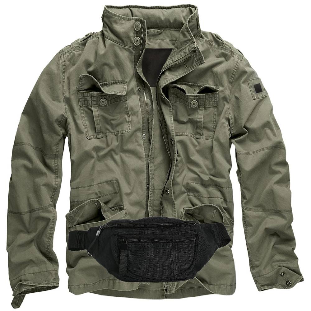 Spass Kostet Männer Vintage Jacke mit Kapuze im Kragen oliv mit Gürteltasche
