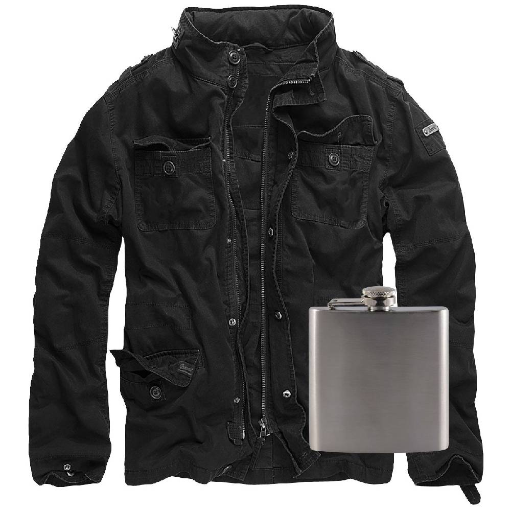 Spass Kostet Männer Vintage Jacke mit Kapuze im Kragen schwarz mit Flachmann