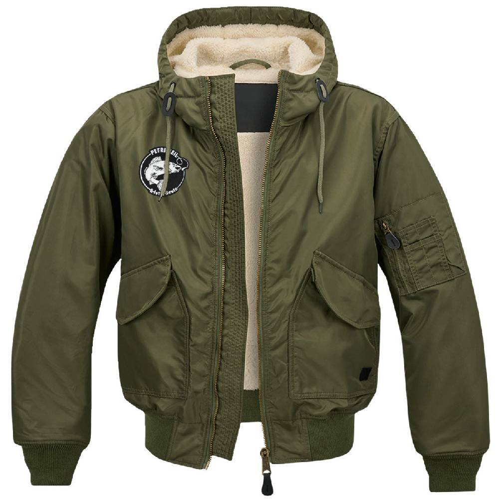 Spass Kostet Winter Bomberjacke mit Fell und Kapuze Angler Petri Heil und fette Beute