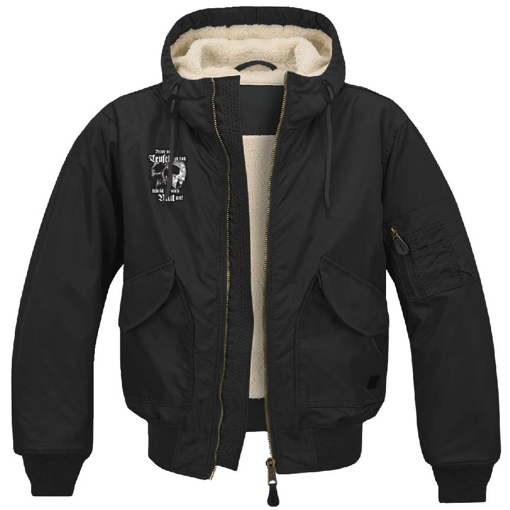 Spass Kostet Winter Bomberjacke mit Fell und Kapuze Bevor der Teufel mich holt trinkt er sich Mut an