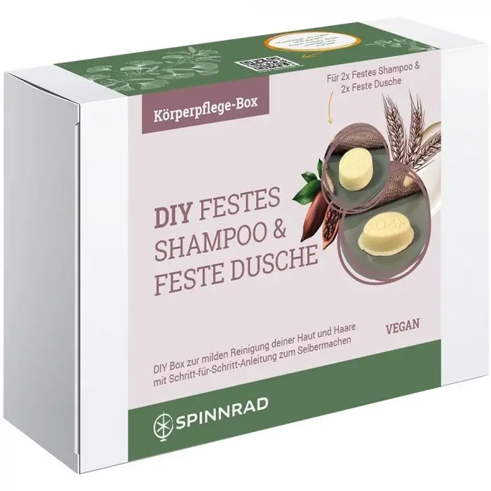 Spinnrad DIY Box Kosmetik zum Selbermachen: Festes Shampoo & Feste Dusche inklusive zwei Seifensäckchen und Förmchen