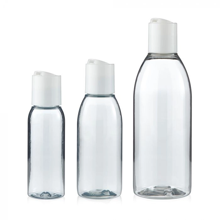 Spinnrad Flasche aus transparentem R-PET mit weißem Klickverschluss für den idealen Einsatz im Bad