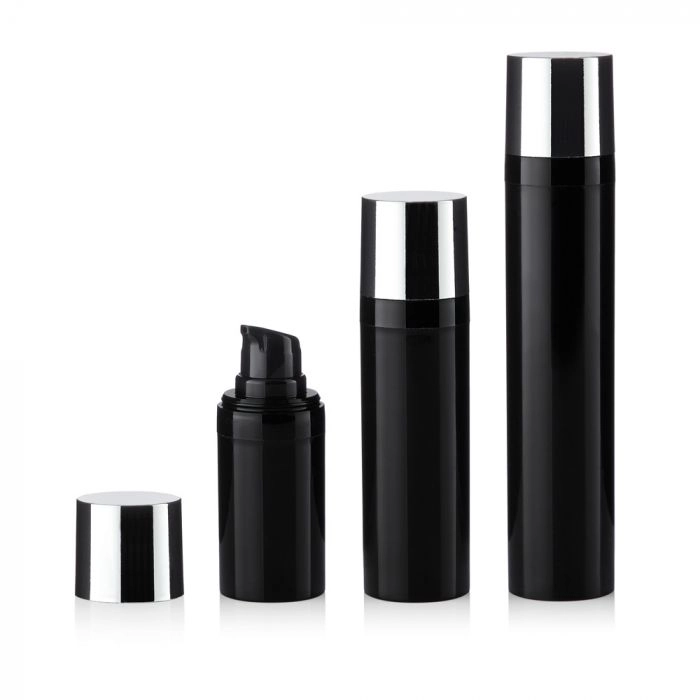 Spinnrad Glänzend schwarzer Airless Pumpspender mit silbernem Deckel, zur hygienischen Dosierung selbstgemachter Cremes, Salben oder Lotionen