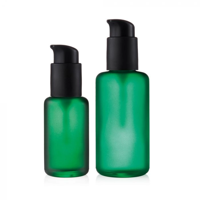 Spinnrad Glasflakon Grün matt mit Pumpspender - zum Aufbewahren und Dosieren von Ölen, Lotionen und Gele