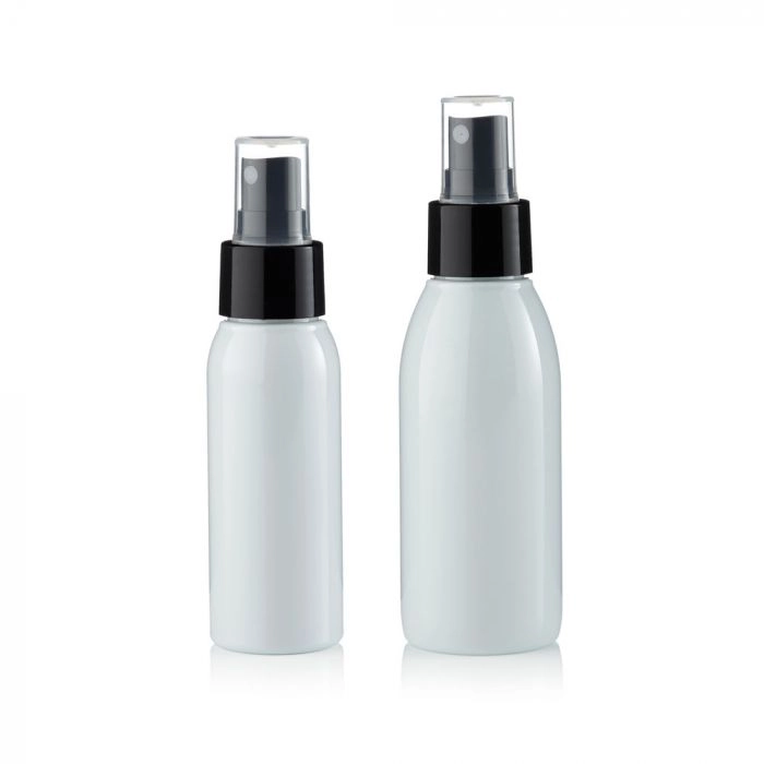 Spinnrad Recycelte PET-Flasche weiß inklusive schwarzem Sprühkopf, für Flüssigkeiten wie Sprays, Raumbeduftungen oder Parfüms