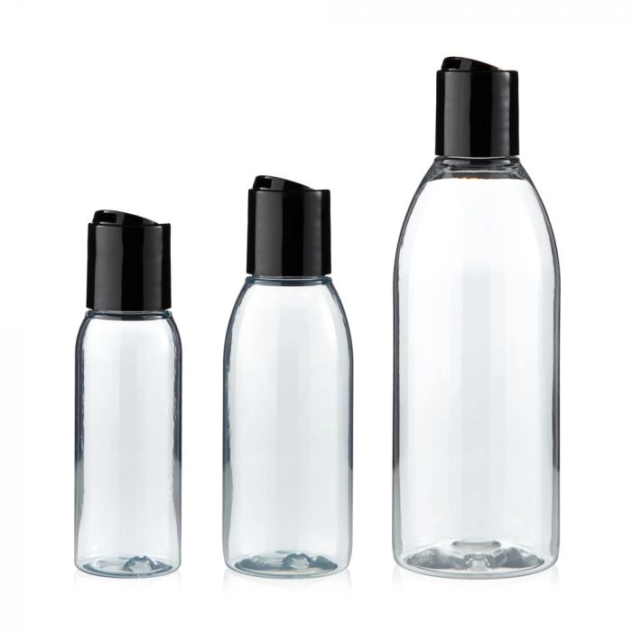 Spinnrad Transparente Recycling PET-Flasche mit schwarzem Klickverschluss, zum Befüllen selbstgemachter Lotionen, Duschgele oder Shampoos