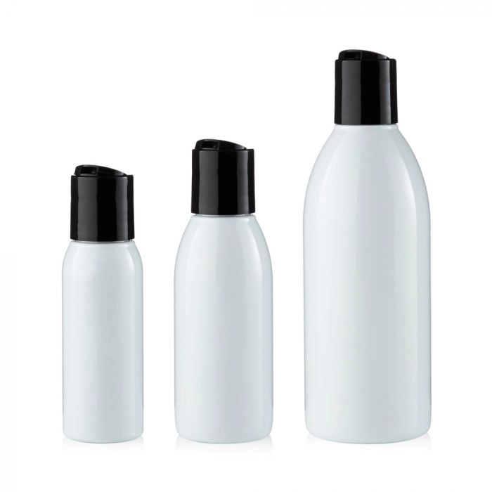 Spinnrad Weiße Recylcling PET-Flasche mit schwarzem Klickverschluss für selbstgemachte kosmetische Emulsionen