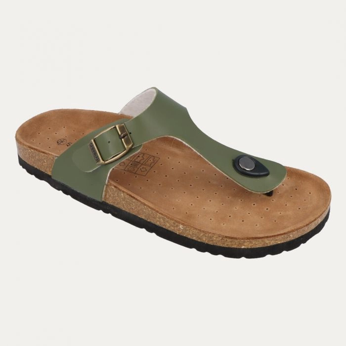 Spinnrad Zimt-Kork Zehentrenner mit individuell verstellbarer Schnalle, dunkelgrün