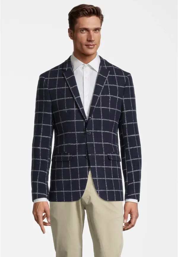 Steffen Klein Jersey-Sakko Wolle Gitter-Karo In Marine