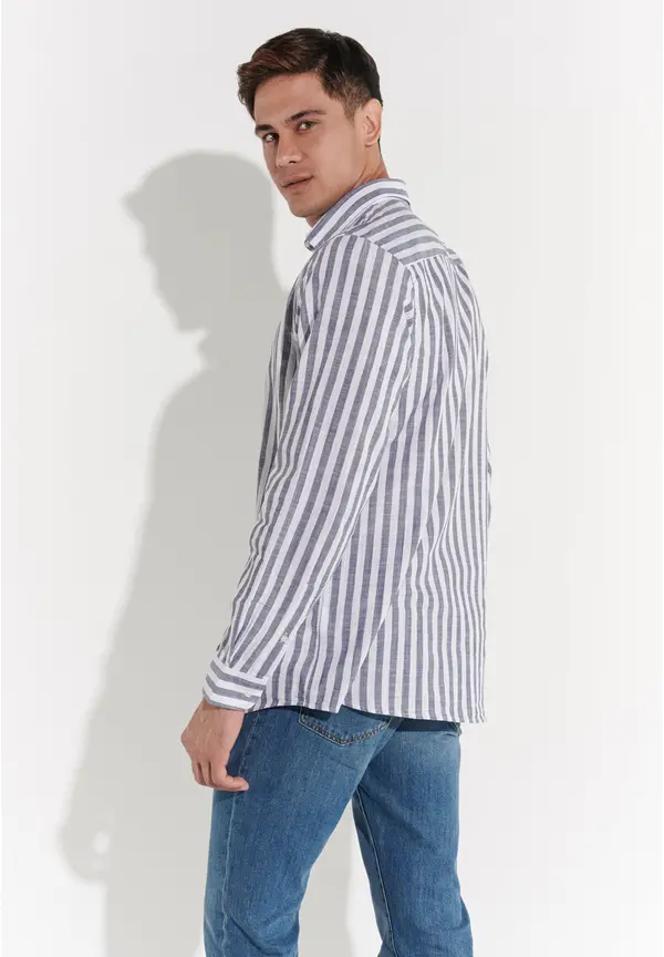 Steffen Klein Hemd In Leinen-Optik In Blue White