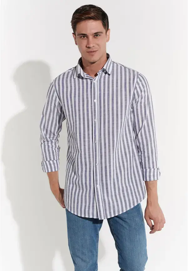 Steffen Klein Hemd In Leinen-Optik In Blue White