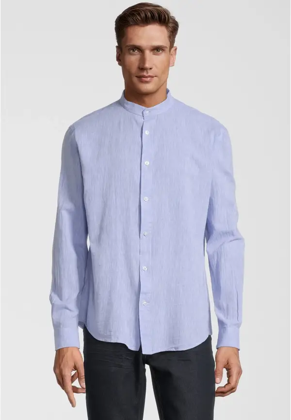 Steffen Klein Hemd Stehbund Leinen-Mix In Hellblau