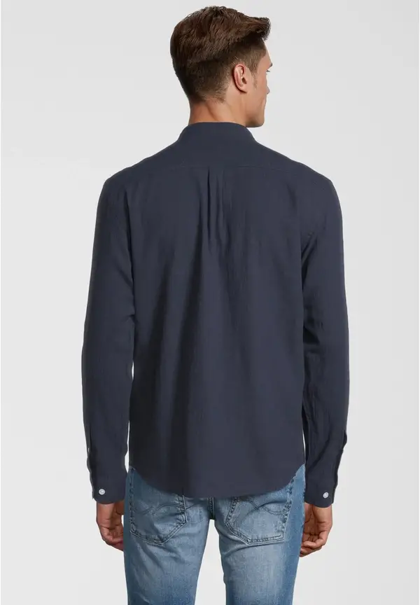 Steffen Klein Hemd Stehbund Leinen-Mix In Marine