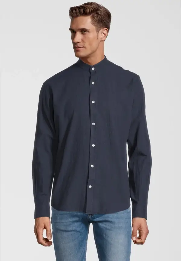 Steffen Klein Hemd Stehbund Leinen-Mix in Marine