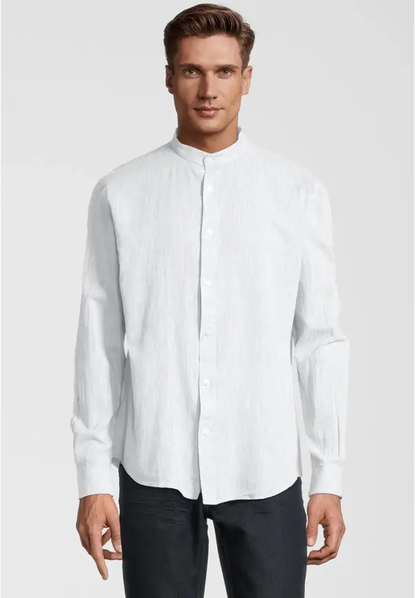 Steffen Klein Hemd Stehbund Leinen-Mix In Weiß