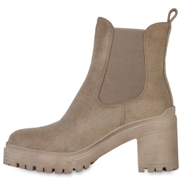 Stiefelparadies Damen Chelsea Boots in Khaki Velours