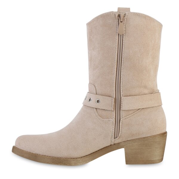 Stiefelparadies Damen Cowboy Boots in Beige Velours