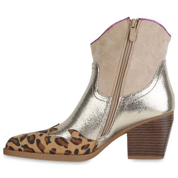 Stiefelparadies Damen Cowboy Boots in Gold Beige Leopard